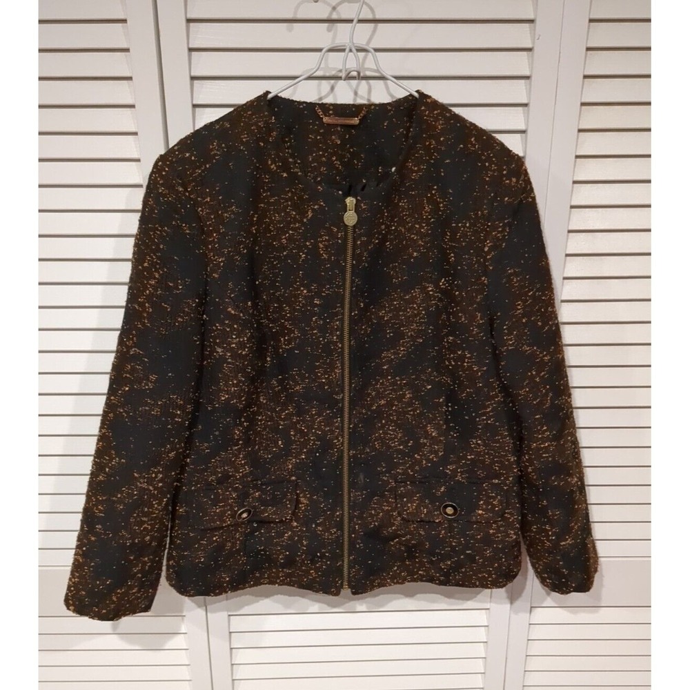 VTG‎ Dana Buchman Women's Jacket Blazer L Brown Black Speck Full Zip Gold Pull